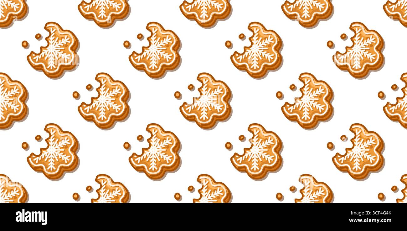 Motivo per biscotti senza cuciture con fiocco di neve e pan di zenzero motivo senza cuciture con biscotti di zenzero a forma di fiocchi di neve decorati con glassa e morsi c Illustrazione Vettoriale
