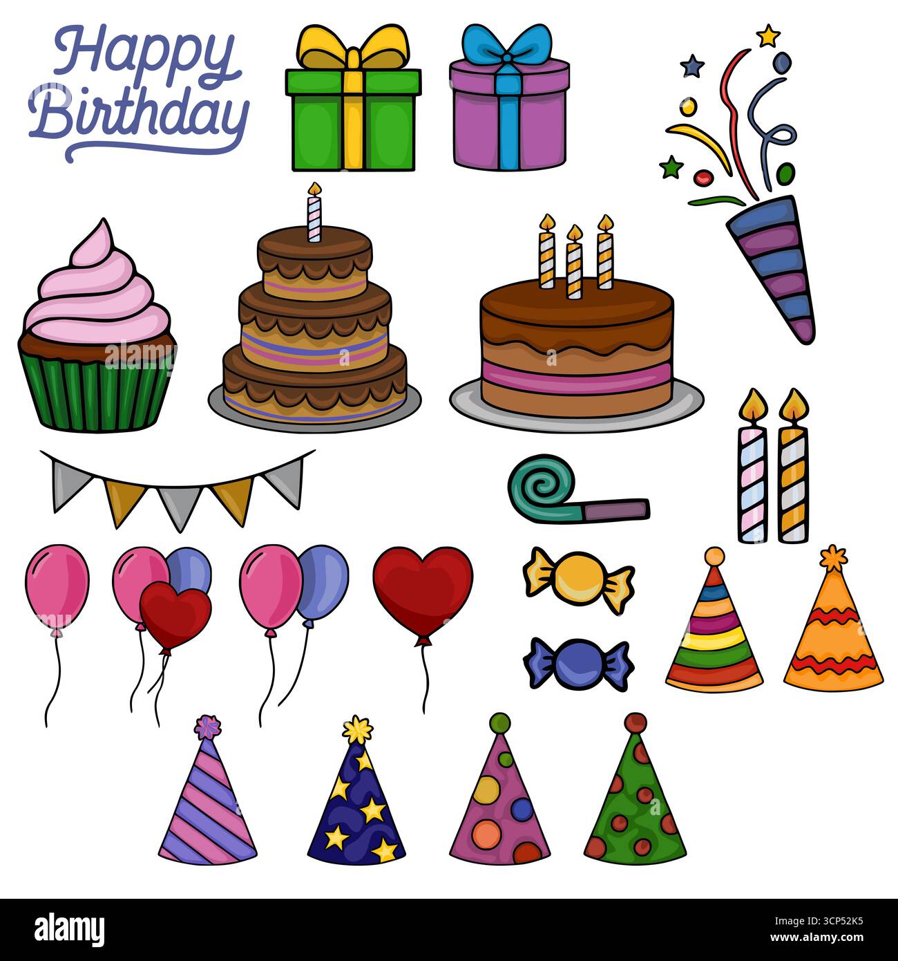 Illustrazione vettoriale per il compleanno Delle feste Una collezione di icone per feste disegnate a mano con torte, regali, palloncini e cappelli da festa dai colori vivaci. Illustrazione Vettoriale