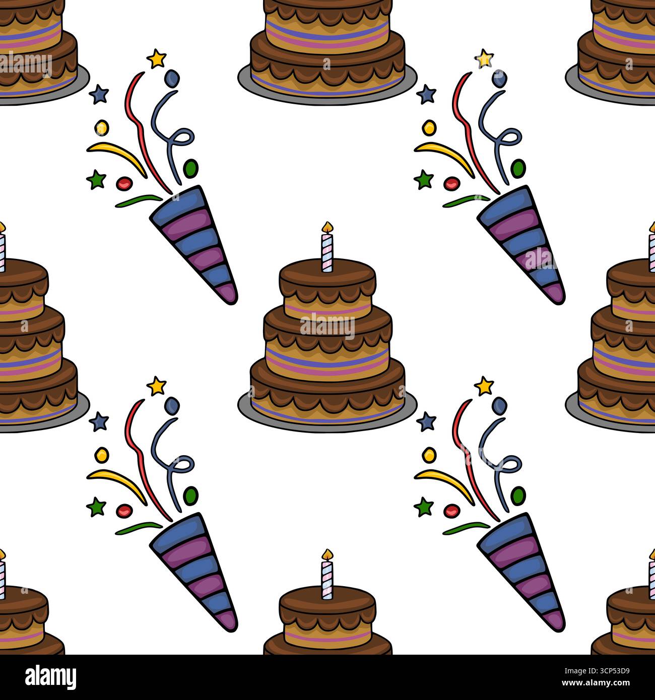 Festeggia con dolci di compleanno a fantasia vettoriale con Popper e Confetti, un design allegro e giocoso ideale per le celebrazioni. Illustrazione Vettoriale