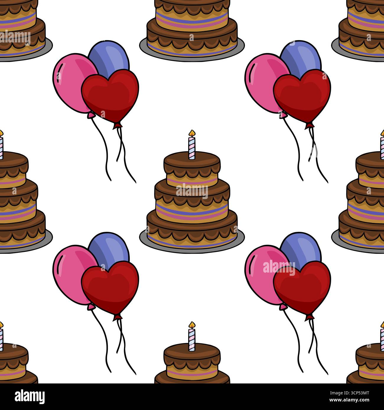 Motivo vettoriale senza cuciture caratterizzato da una deliziosa torta al cioccolato a due livelli con una sola candela e un gruppo di palline rosse rosa, viola e a forma di cuore Illustrazione Vettoriale