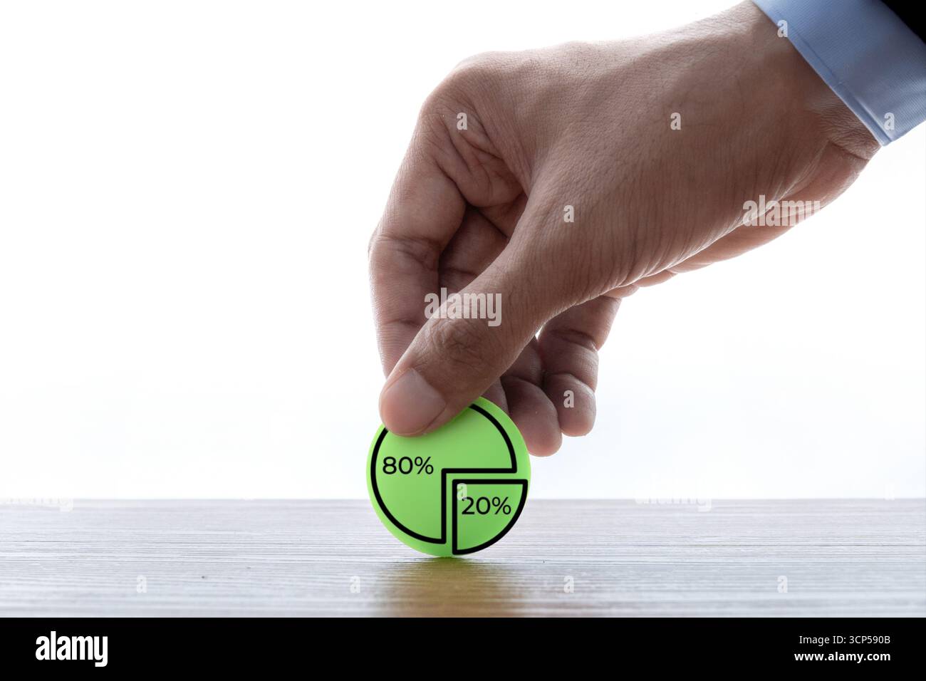 Una mano regge un grafico a torta con numero 80% e 20%. Il principio di Pareto o il concetto di regola 80, 20. Foto Stock