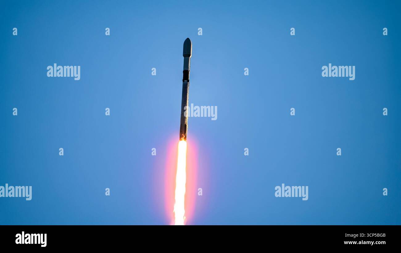 Merritt Island, Florida, Stati Uniti. 24 settembre 2025. Un razzo Falcon 9 SpaceX viene lanciato dal Launch Complex 39A (LC-39) al Kennedy Space Center della NASA, in Florida, il 24 settembre 2025, alle 7:30 del mattino EDT, trasportando più carichi utili, tra cui la sonda Interstellar Mapping and Acceleration Probe (IMAP) della NASA, il Carruthers Geocorona Observatory e il satellite Space Weather Follow-on L1 del NOAA. IMAP studierà come il vento solare interagisce con il mezzo interstellare. (Credit Image: © Charles Briggs/ZUMA Press Wire) SOLO PER USO EDITORIALE! Non per USO commerciale! Foto Stock