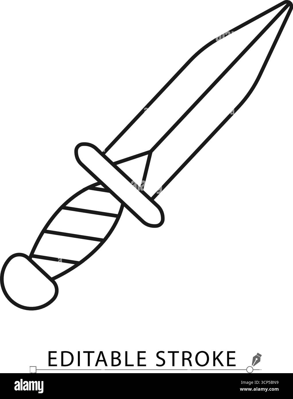 Un'icona a forma di pugnale in stile minimalista con tratto modificabile. Arma medievale, coltello fantasia, lama antica, spada da combattimento, equipaggiamento cavaliere, gotico Illustrazione Vettoriale