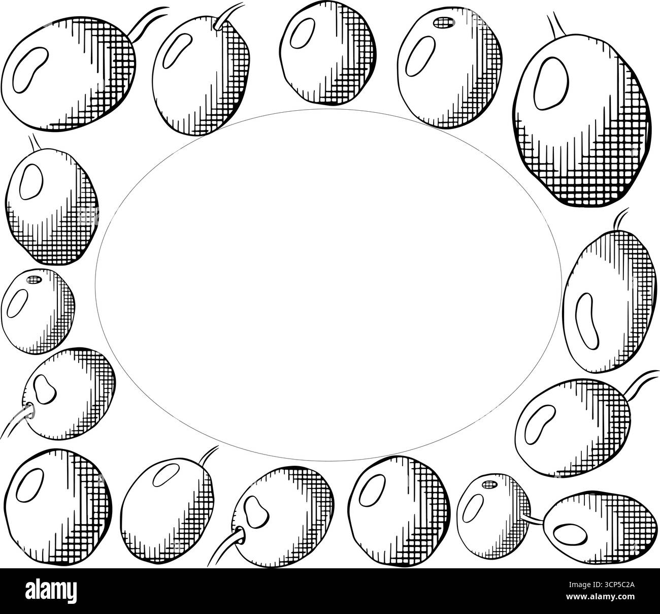 Modello rettangolare ovale a bacca nera di oliva. Illustrazione in bianco e nero con inchiostro a linee grafiche vettoriali. Per la stampa di t-shirt, web design, saloni di bellezza, post Illustrazione Vettoriale
