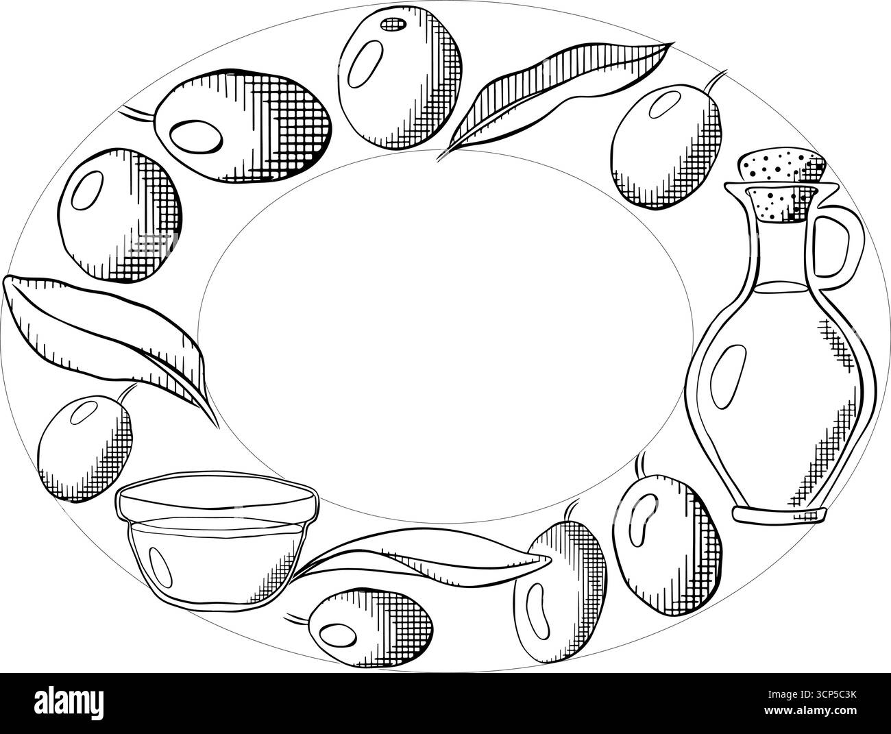 corona di olive, festa delle olive in Spagna, olio d'oliva, bacche verdi e foglie modello ovale. Illustrazione in bianco e nero con inchiostro a linee grafiche vettoriali. Illustrazione Vettoriale