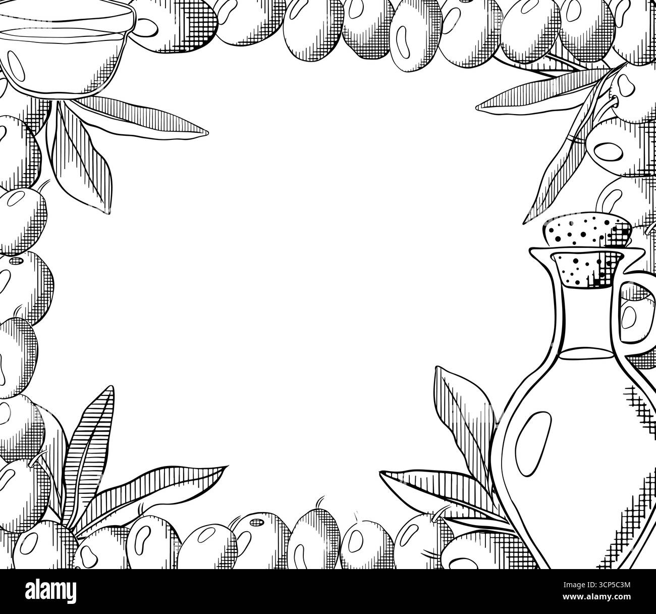 Disegna la cornice del ramoscello di oliva con frutti di bosco e foglie. Modello rettangolare per cornice con olio d'oliva, bacca verde e foglie. Inchiostro a linee grafiche vettoriali nero e bianco Illustrazione Vettoriale