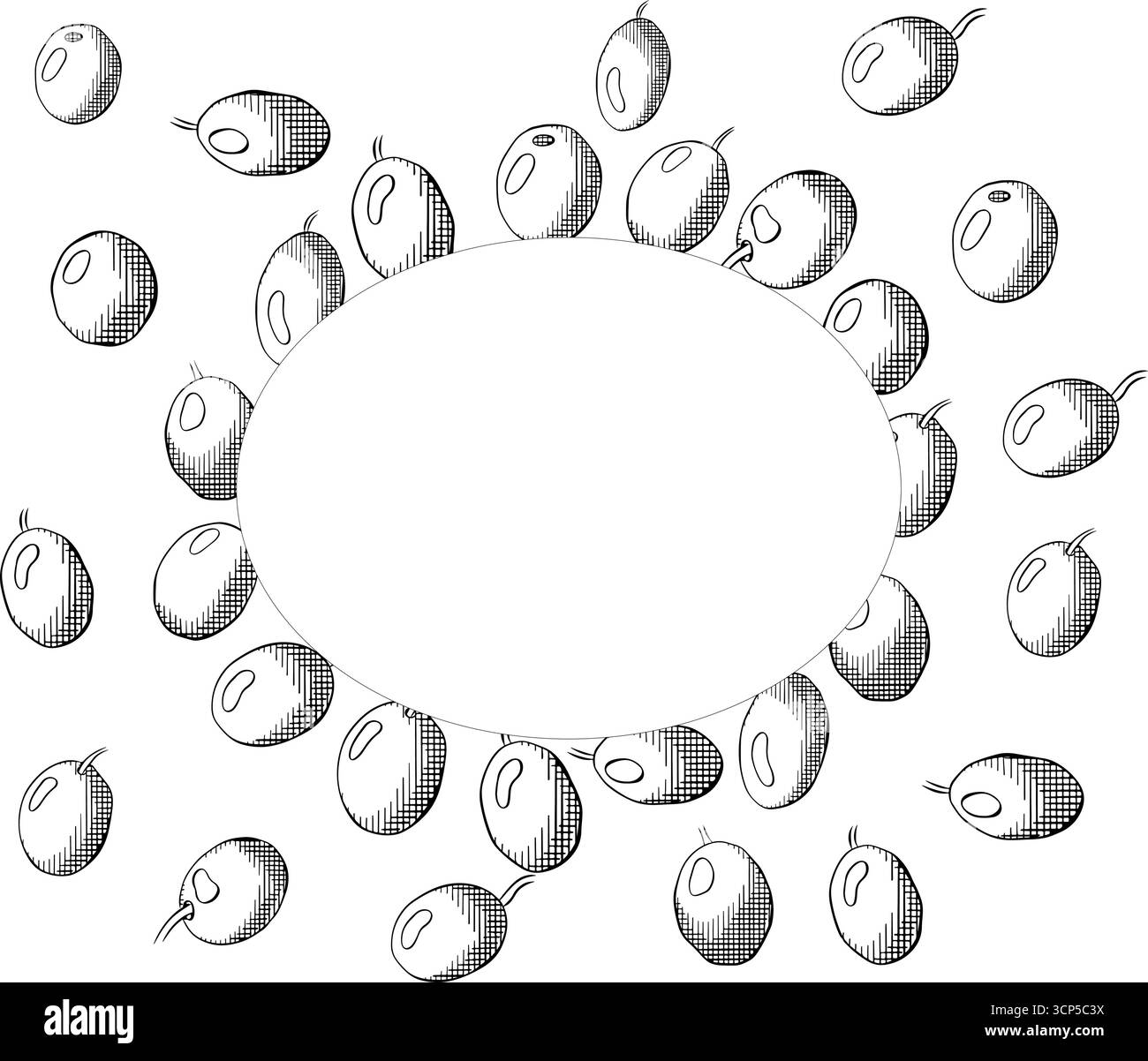 Ghirlanda disegnata a mano con sagoma ovale per frutti di oliva maturi. Illustrazione in bianco e nero con inchiostro a linee grafiche vettoriali. Striscioni, poster, carta da imballaggio, sti Illustrazione Vettoriale