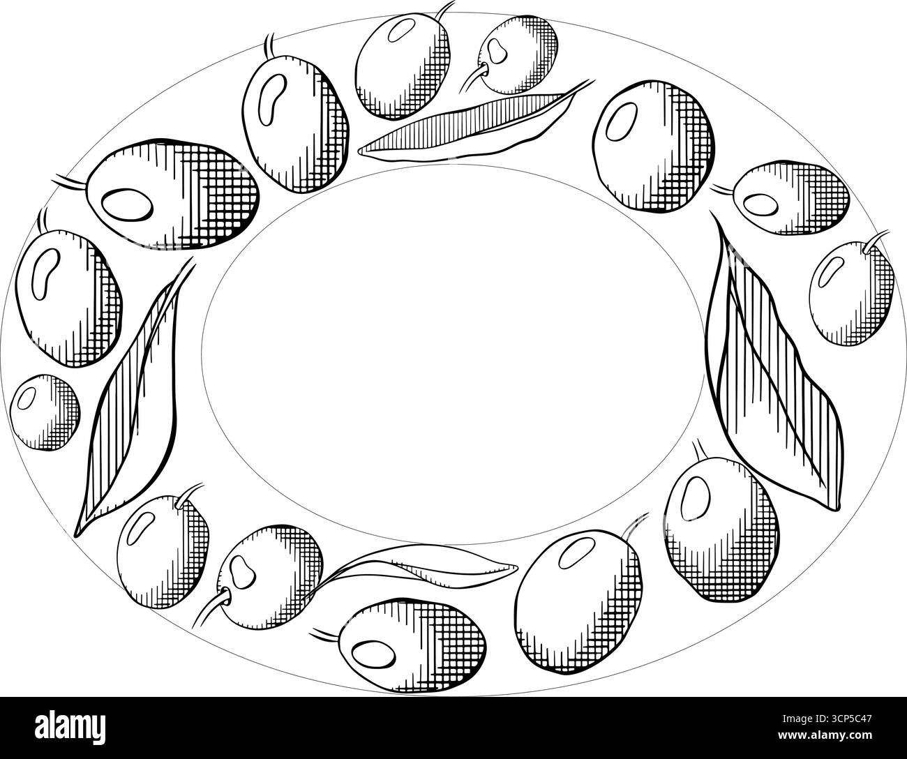 Verde oliva e foglie modello di cornice ovale. Illustrazione in bianco e nero con inchiostro a linee grafiche vettoriali. Cibo sano, cosmetici biologici naturali per in Illustrazione Vettoriale