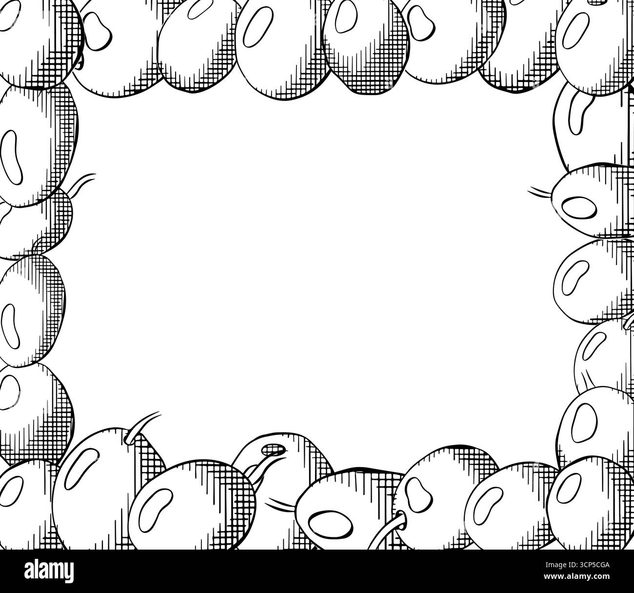 Modello rettangolare a bacca di oliva. Illustrazione in bianco e nero con inchiostro a linee grafiche vettoriali. Design botanico mediterraneo per confezione Banner, poster, involucro Illustrazione Vettoriale