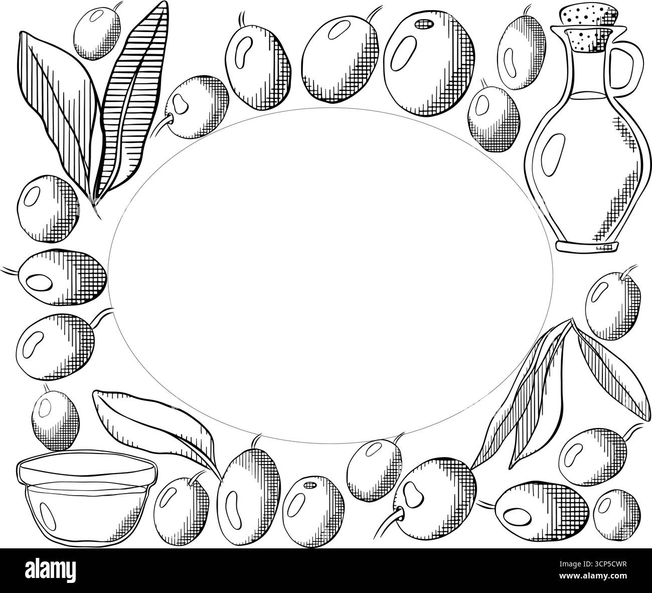 Modello rettangolare ovale per cornice con olio d'oliva, bacca verde e foglie. Illustrazione in bianco e nero con inchiostro a linee grafiche vettoriali. Striscioni, poster, carta da imballaggio, Illustrazione Vettoriale