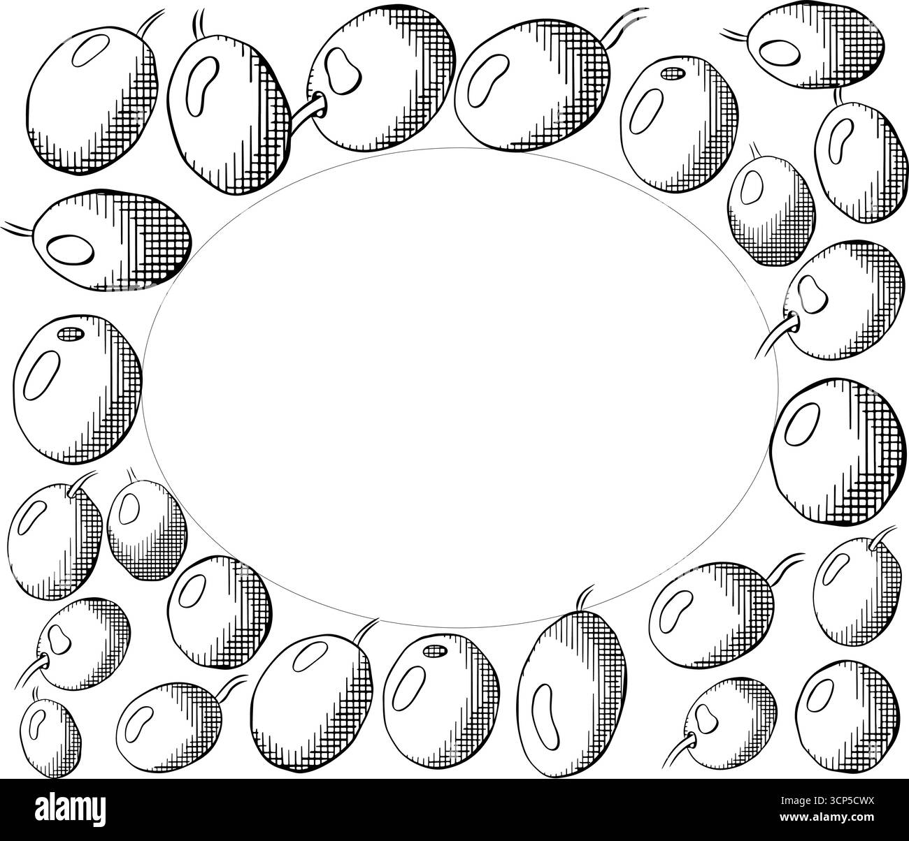 Modello cornice rettangolare ovale con frutti di oliva. Illustrazione in bianco e nero con inchiostro a linee grafiche vettoriali. Da utilizzare per pacchetti cosmetici, negozi, negozi, prodotti e centro benessere Illustrazione Vettoriale