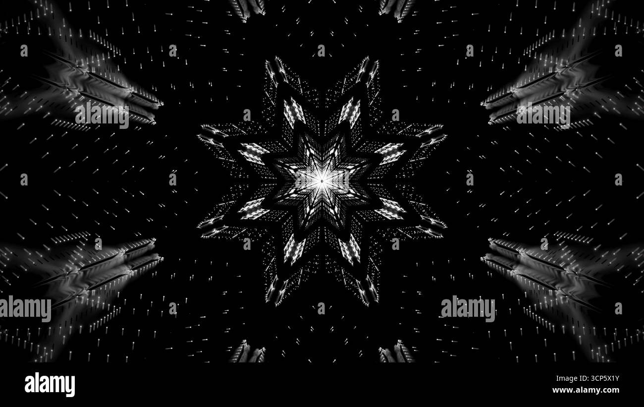 Un design a forma di stella emerge da uno sfondo scuro, illuminato da sequenze di luce radianti. Questa accattivante scena crea un senso di profondità a. Foto Stock
