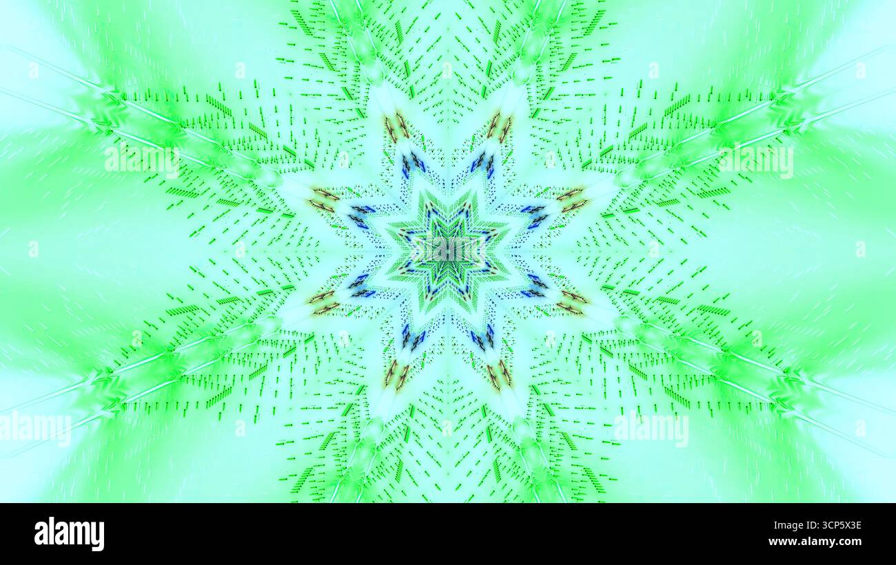 Questa colorata opera d'arte presenta un vivace design a stella verde con linee e forme intricate. Sfoggia uno stile digitale unico, creando un'esperienza accattivante Foto Stock