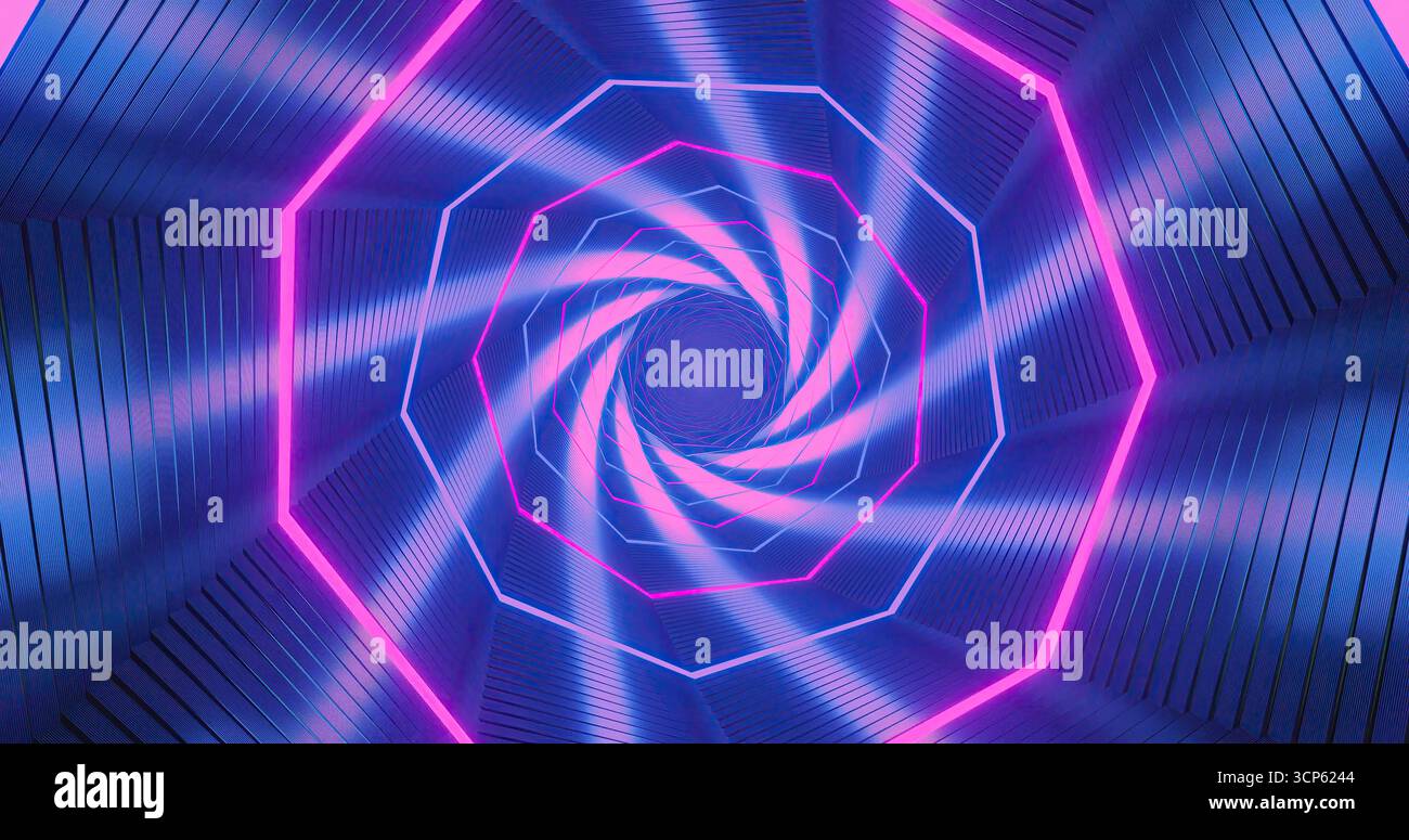 Un tunnel a spirale colorato presenta luci al neon brillanti in blu e rosa. Le luci creano un effetto vorticoso, evocando un senso di movimento e profondità in una Foto Stock