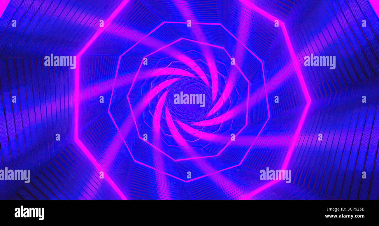 Le luminose luci al neon si alternano a tunnel, creando un effetto visivo accattivante. Questo vivace display utilizza sfumature di rosa e blu, creando un dyna Foto Stock