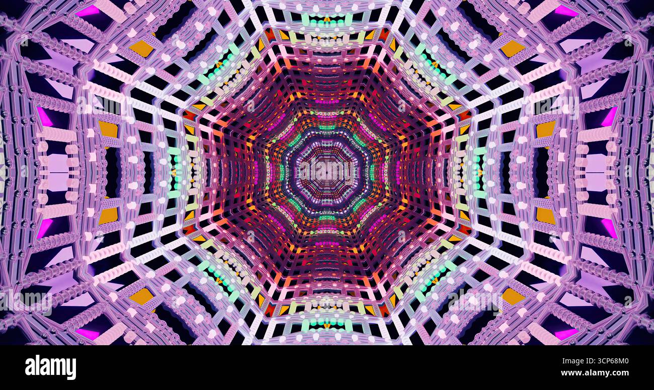 Questo motivo vibrante presenta forme geometriche complesse e luci colorate, creando un effetto visivo ipnotico. Il design trae ispirazione da Foto Stock