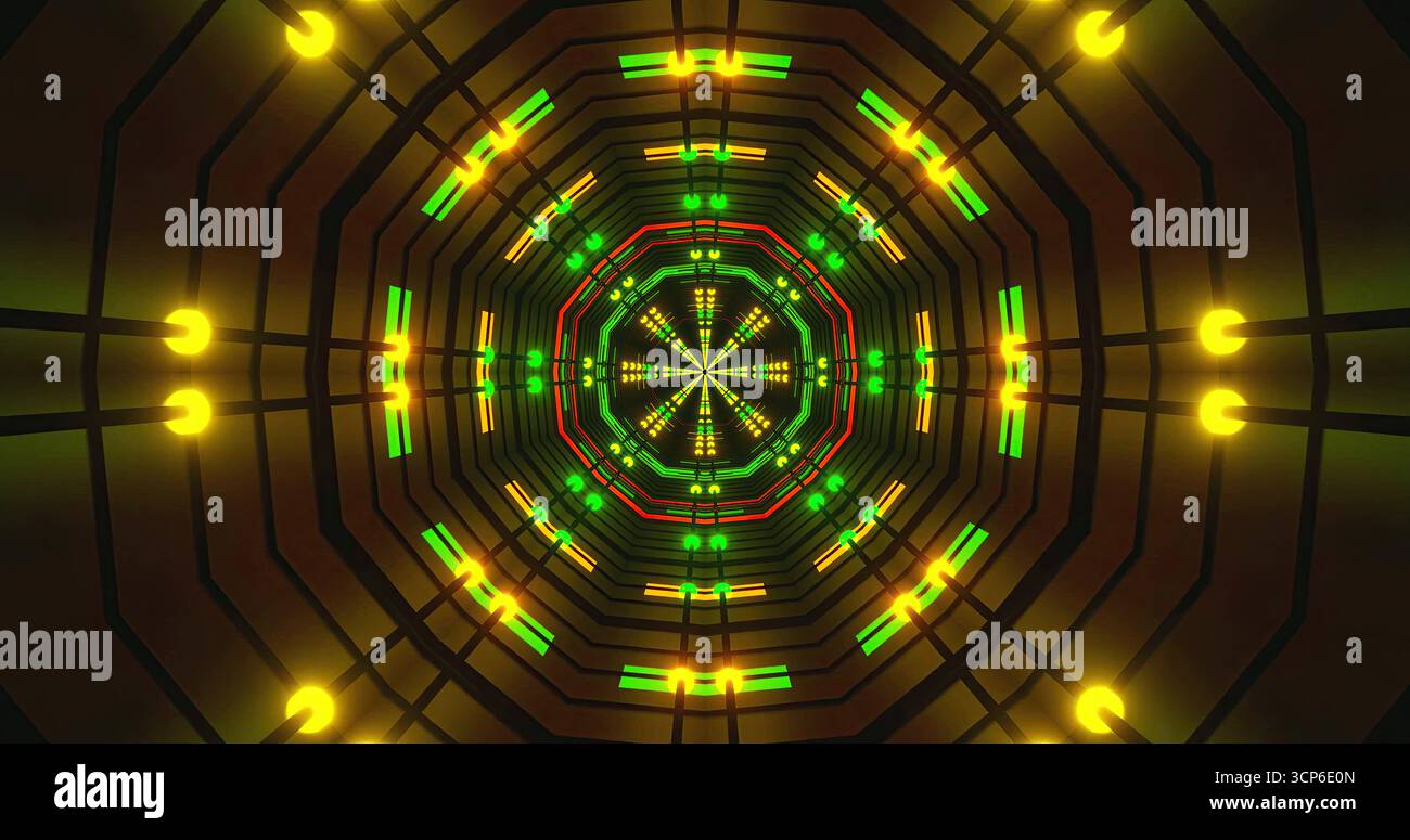 Le luminose luci al neon creano un effetto tunnel ipnotico con verdi, gialli e rossi vivaci. Il design geometrico attira l'occhio dello spettatore in profondità Foto Stock