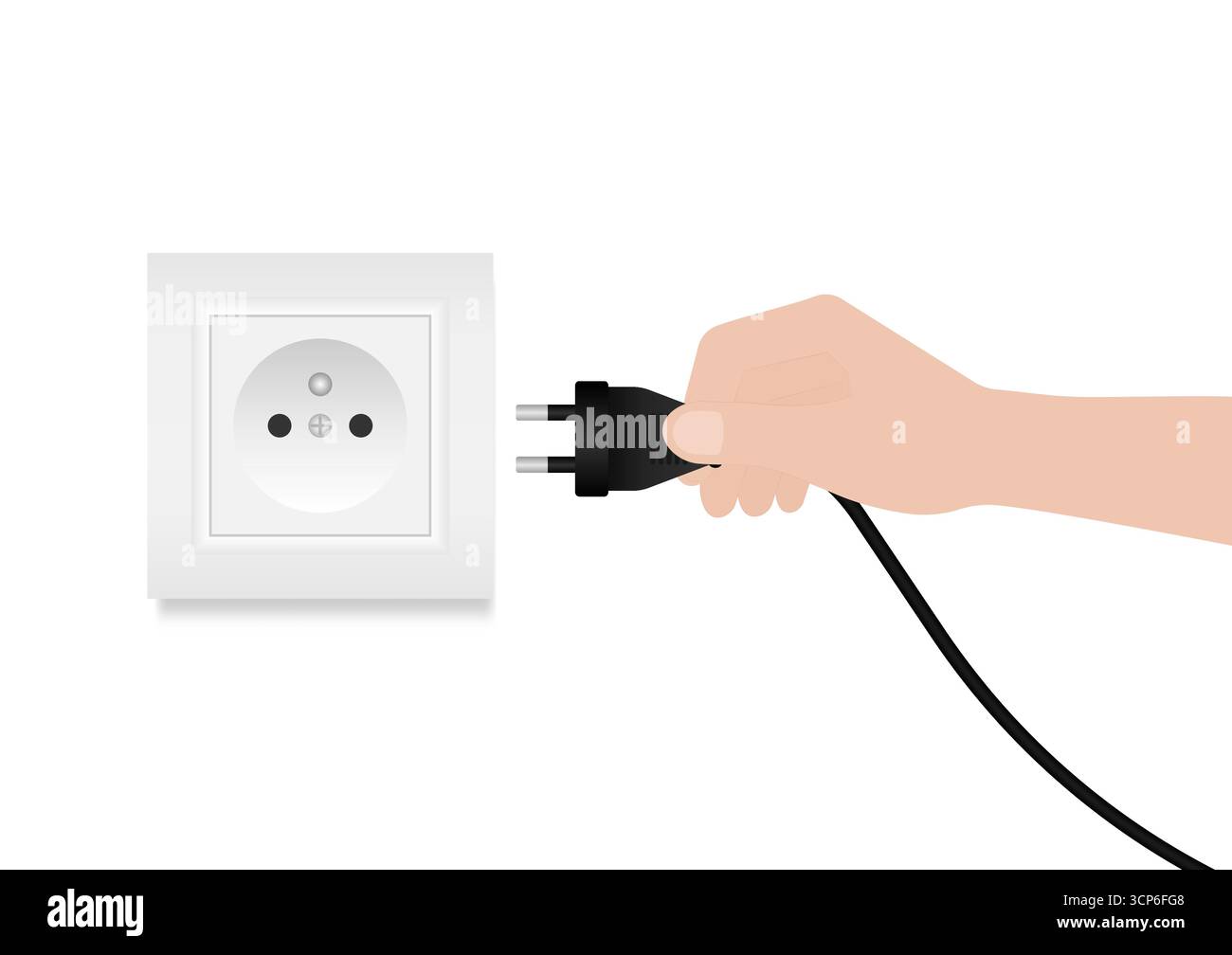 Connettore maschio di collegamento manuale nella presa elettrica. Concetto di risparmio energetico ed elettrico. Illustrazione vettoriale. Illustrazione Vettoriale