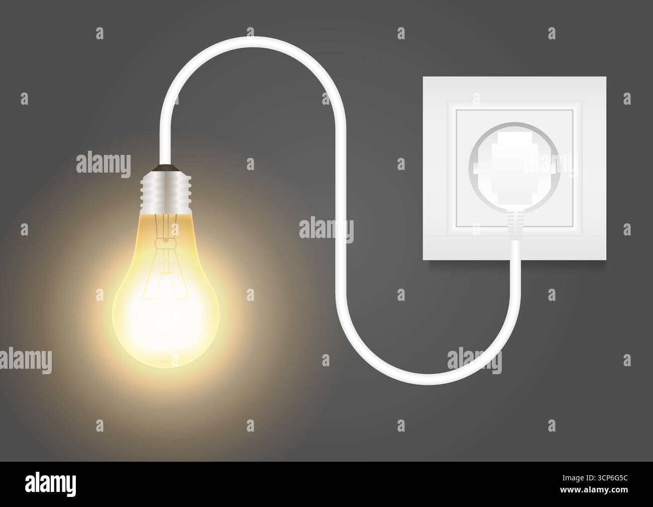 Lampadina con spina collegata alla presa elettrica. Concetto di risparmio energetico ed elettrico. Illustrazione vettoriale. Illustrazione Vettoriale