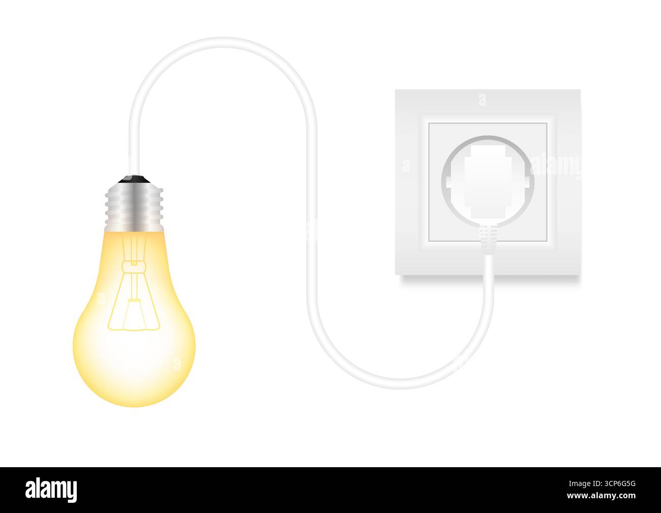 Lampadina con spina collegata alla presa elettrica. Concetto di risparmio energetico ed elettrico. Illustrazione vettoriale. Illustrazione Vettoriale