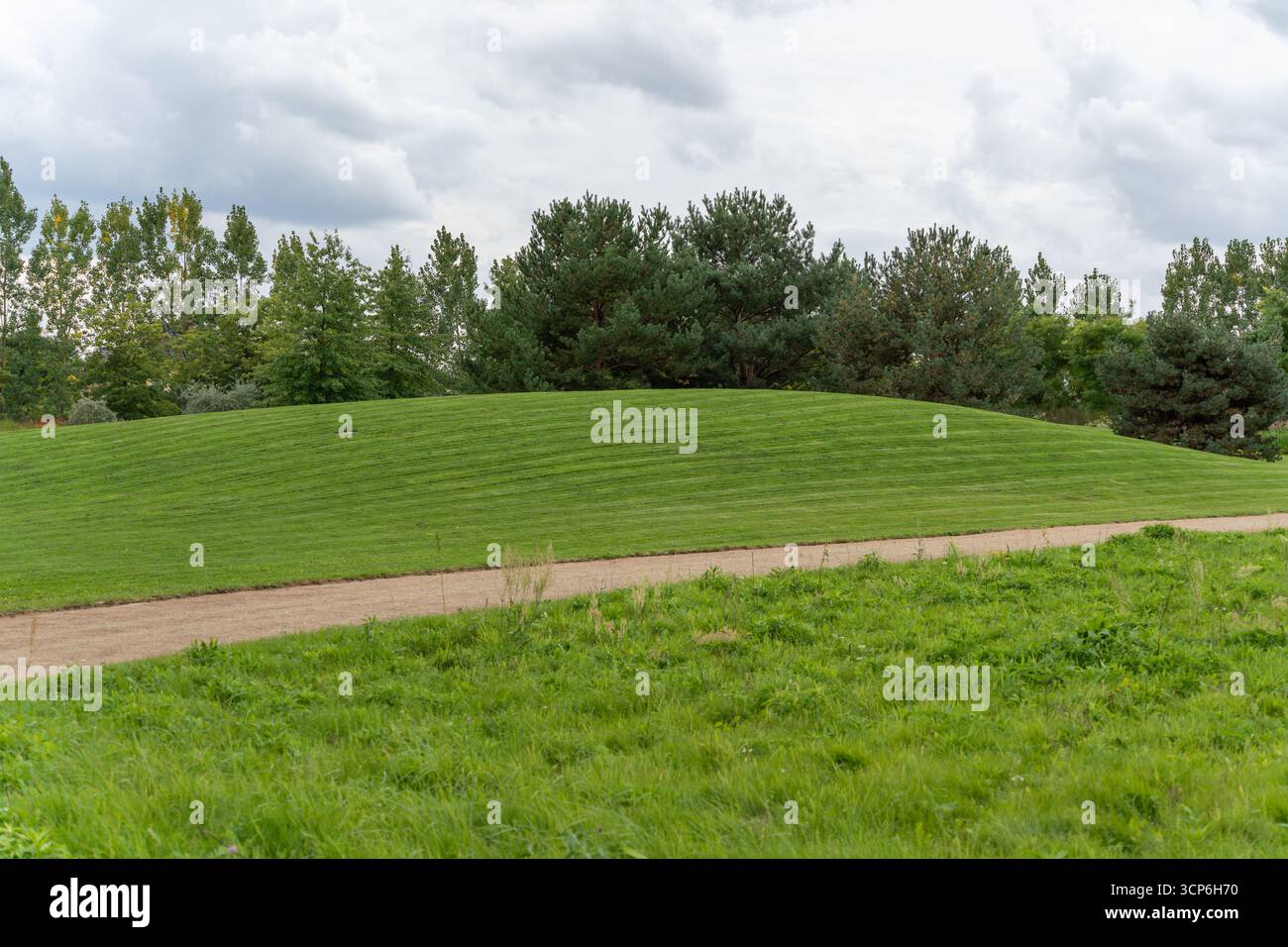 Una collina verde e liscia si erge sotto il cielo nuvoloso. L'erba ben rifilata contrasta con gli alberi circostanti. Foto Stock
