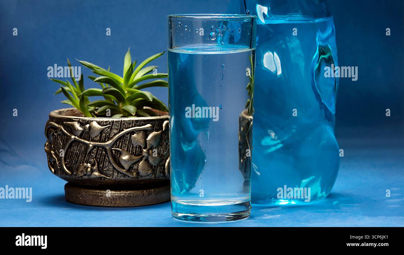 Natura morta con un bicchiere d'acqua e una pianta succulenta su sfondo blu Foto Stock