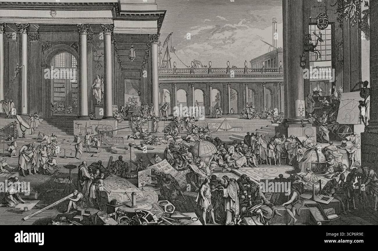 L'Académie des Sciences et Beaux-Arts (Accademia delle Scienze e delle Belle Arti). Dimostrazioni delle arti e delle scienze in un cortile classico. L'Académie royale de peinture et de sculpture (Accademia reale di pittura e scultura) (fondata nel 1648) e l'Académie des Sciences (Accademia francese delle scienze) (fondata nel 1666), nel Palazzo reale di Parigi, durante il regno di Luigi XIV. Incisione dopo Sébastien Leclerc (1637-1714). XVI siècle: lettres, Sciences et Arts, France 1590-1700 (XVII secolo: Lettere, scienze e arti), di Paul Lacroix. Pubblicato a Parigi da Librairie de Fi Foto Stock
