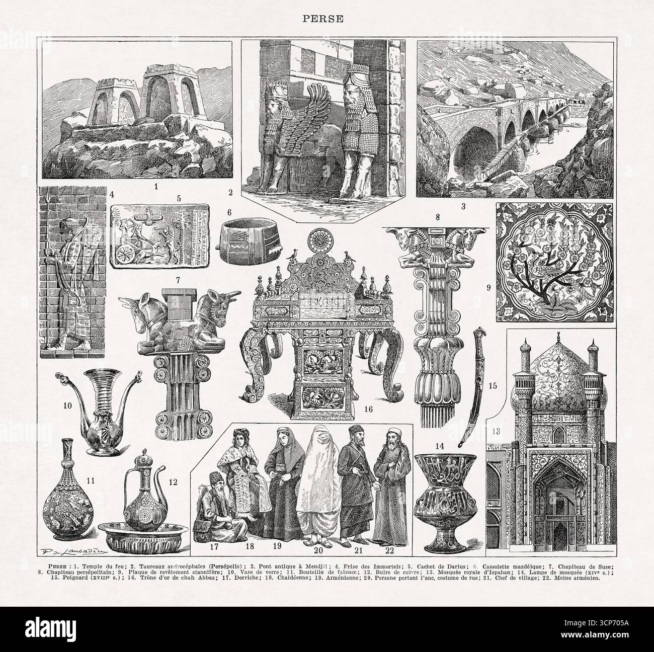 Illustrazione in bianco e nero di Paul de Laubadère sulla Persia e la sua cultura da un vecchio dizionario francese. Foto Stock