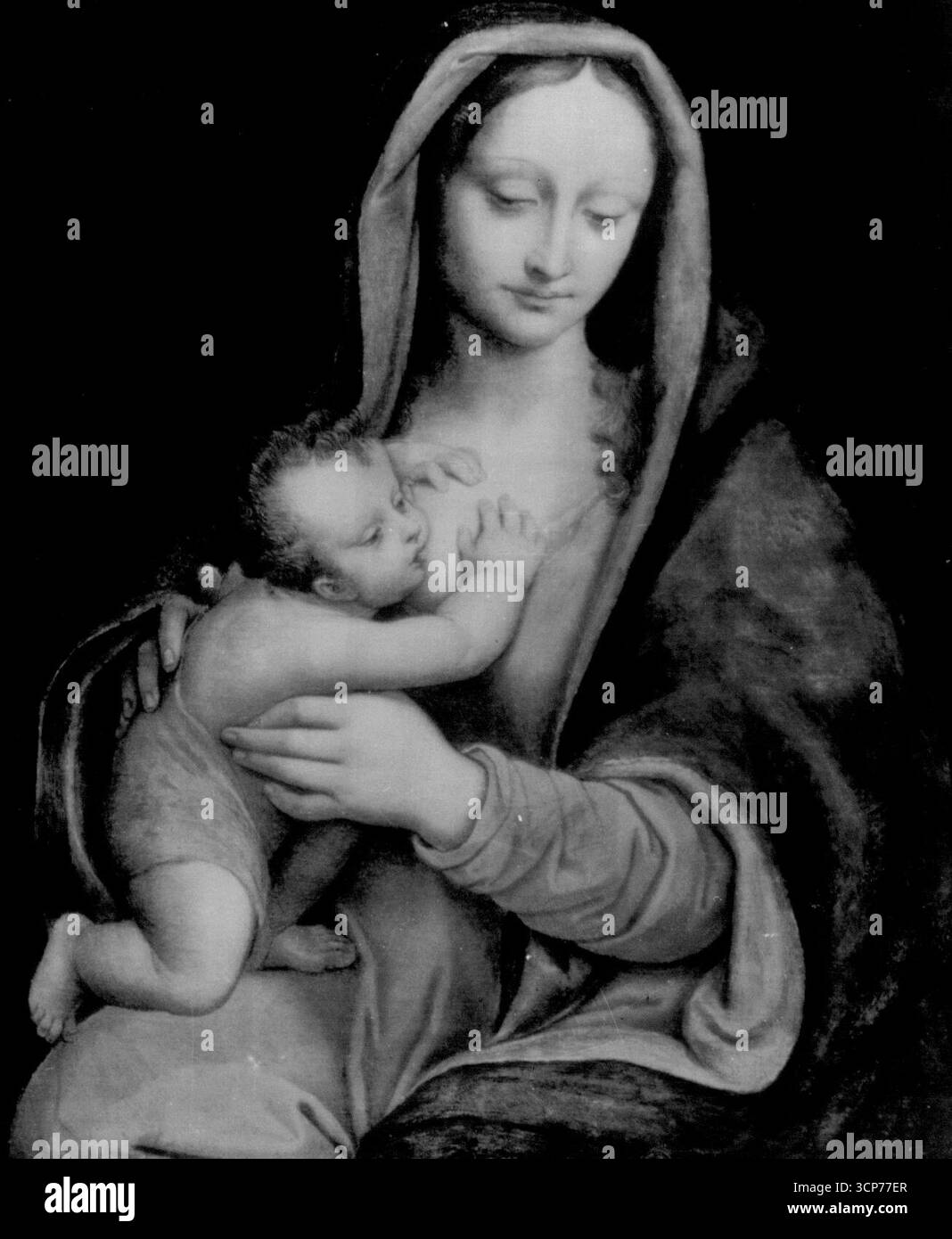 Art Find - questa è la riproduzione di un dipinto acquistato quattro mesi fa dal dottor Harms R. Teichert, di Chicago, per 450 dollari e ora detto da un esperto che vale più di un milione di dollari. Il Dr. Maurice H. Goldblatt, direttore delle gallerie d'arte dell'Università di Notre Dame, afferma che si tratta di una "Madonna con bambino" di Leonardo da Vinci dipinta ad olio su legno. Ha detto che un dilettante aveva sovradipinto parti delle figure. La sovraverniciatura è stata rimossa da un restauratore dopo che il lavoro è stato acquistato dal Dr. Teichert da un antiquario qui. 13 agosto 1954. (Foto di AP Wirephoto). Foto Stock