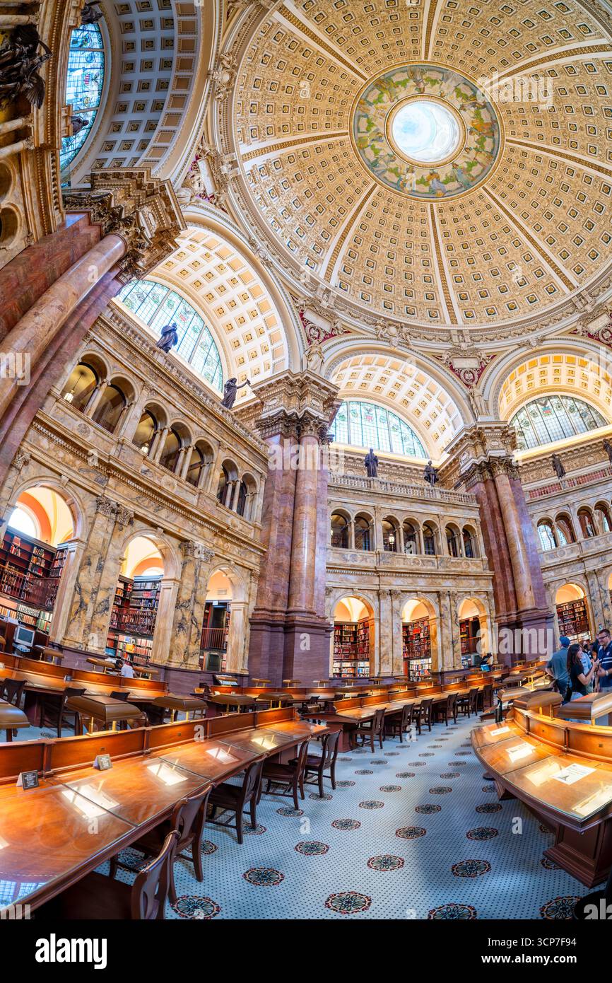 Library of Congress Jefferson Building Main Reading Room Washington DC // WASHINGTON DC — la sala di lettura principale della Library of Congress Jefferson Building è uno spazio grande e ornato progettato per lo studio e la ricerca. Caratterizzata da estesi scaffali che fiancheggiano le pareti, la sala è illuminata da una grande cupola centrale e finestre ad arco. L'architettura presenta dettagli intricati, colonne in marmo e motivi classici, che riflettono lo stile Beaux-Arts dell'edificio. Questo iconico spazio funge da fulcro centrale per accedere alle vaste collezioni della Biblioteca del Congresso, un'istituzione nazionale dedicata Foto Stock