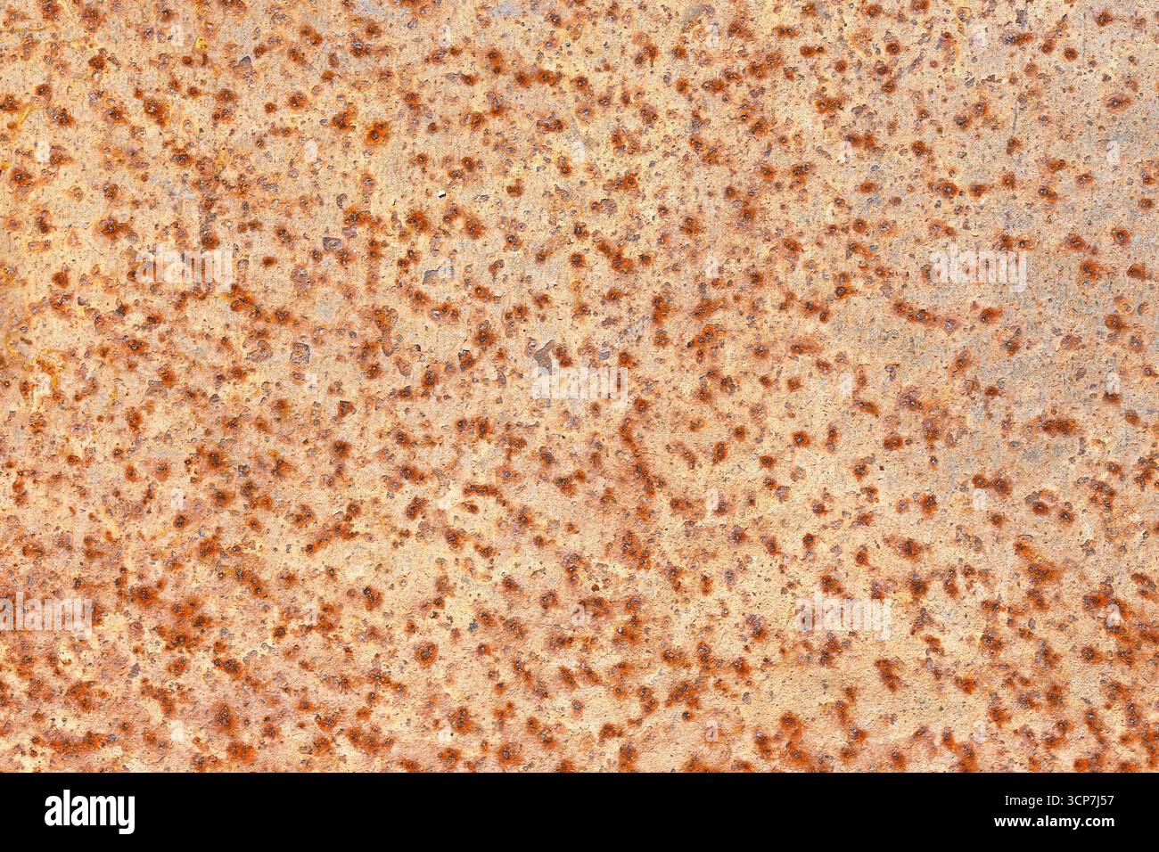 Ruggine, corrosione, struttura metallica. Grunge lo sfondo con macchie arancioni e superficie ruvida. Dettaglio industriale del foglio ossidato. Materiale invecchiato Foto Stock