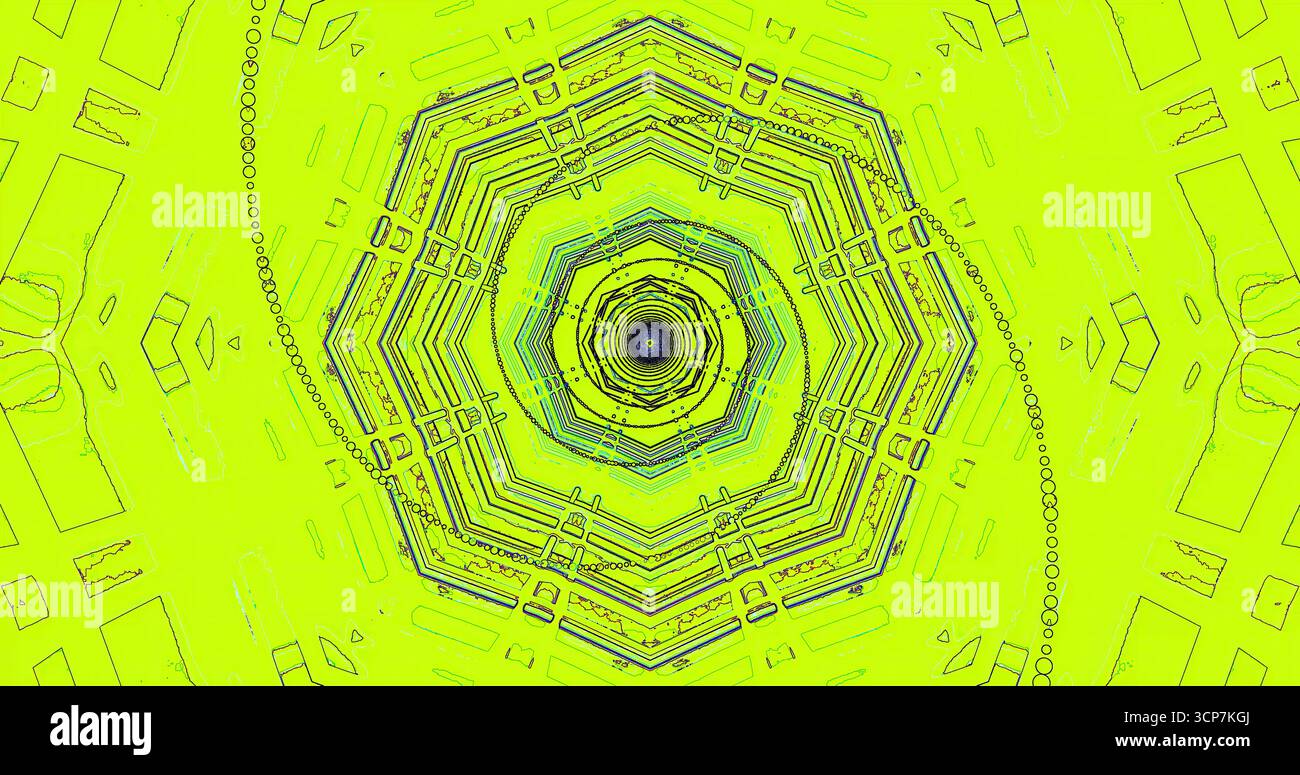 Le forme di verde neon brillante formano un motivo geometrico simmetrico. Il design presenta linee e cerchi intricati, creando un effetto visivo ipnotico Foto Stock