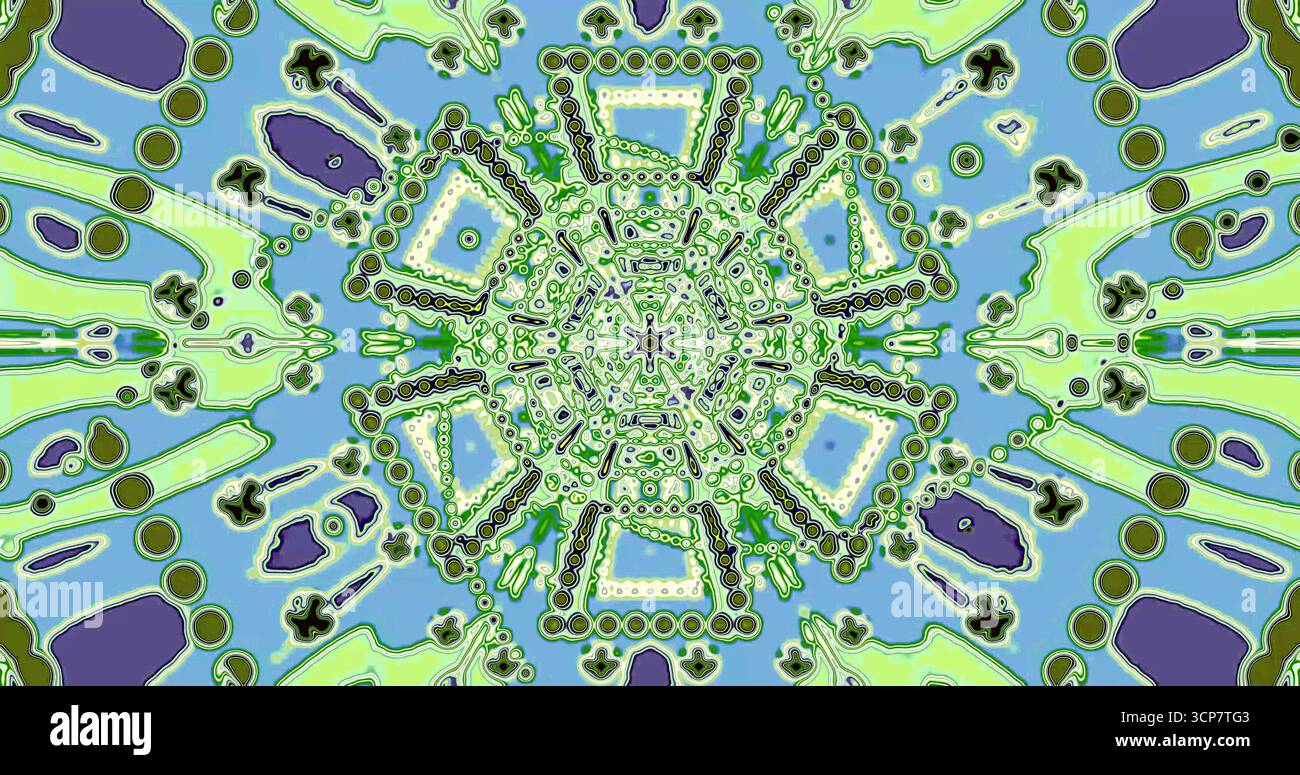 Questo vivace design astratto presenta motivi complessi di verde e blu. Forme vorticose e disposizioni dettagliate creano un'esperienza visiva vivace Foto Stock