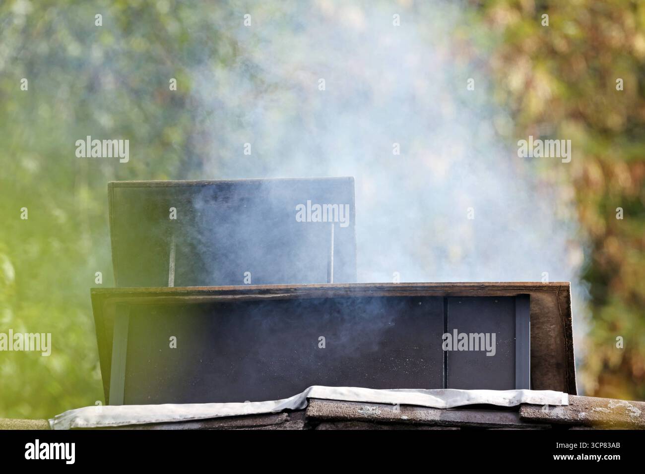 Rauch aus einem Kamin Rauchender Kamin mit sauberer Verbrennung auf einem Dach nach dem Sommer. *** Fumo da un camino fumo camino con combustione pulita su un tetto dopo l'estate Foto Stock