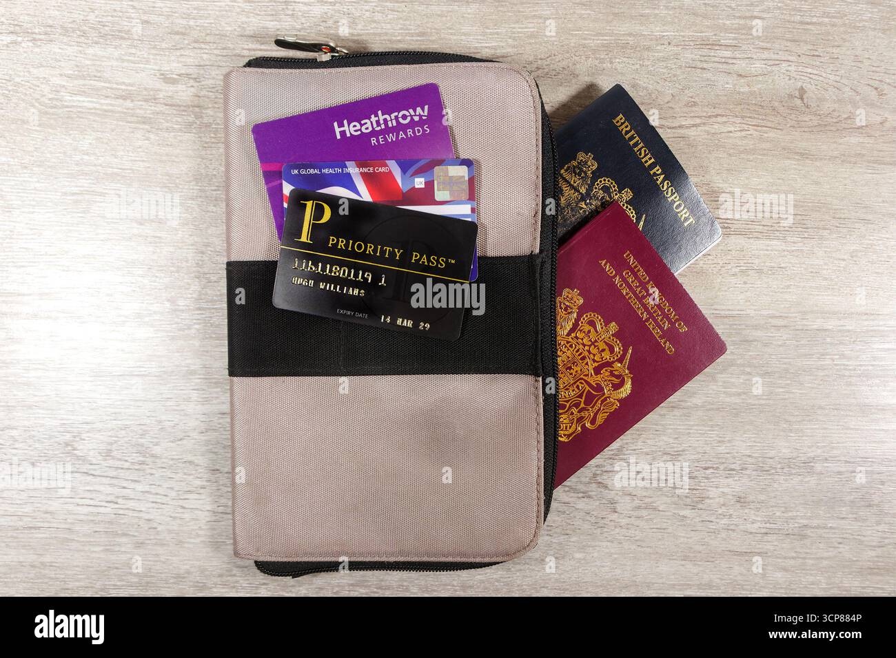 Organizzatore di viaggi con passaporto, carta Heathrow Rewards, carta Priority Pass, ideale per viaggiatori frequenti o per la preparazione di viaggi in vacanza Foto Stock