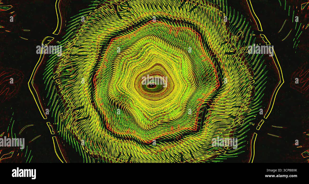 Il vivace design circolare presenta linee e colori vorticosi in verde e giallo. L'intricato pattern cattura con il suo movimento ipnotico e l'abstra Foto Stock