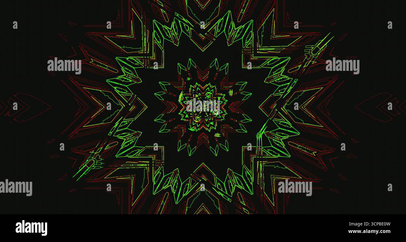 Questa opera d'arte presenta un sorprendente design astratto con una forma a stella al centro. Le linee verdi e rosse brillanti formano intricati motivi contro una bac scura Foto Stock