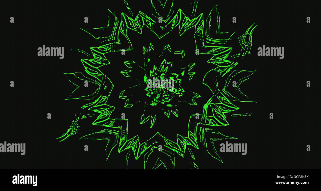 Un vivace motivo geometrico verde irradia dal centro su uno sfondo scuro. Il design è caratterizzato da linee e forme nitide che creano un'attrazione da non perdere Foto Stock