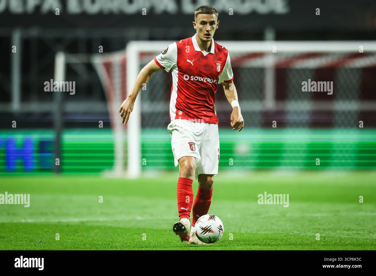 Braga, Portogallo. 24 settembre 2025. Gustaf LAGERBIELKE di Braga durante la fase UEFA Europa League, League, MD1 partita di calcio tra SC Braga e Feyenoord Rotterdam il 24 settembre 2025 all'Estadio Municipal de Braga di Braga, Portogallo - foto Filipe Oliveira/Matthieu Mirville/DPPI credito: DPPI Media/Alamy Live News Foto Stock