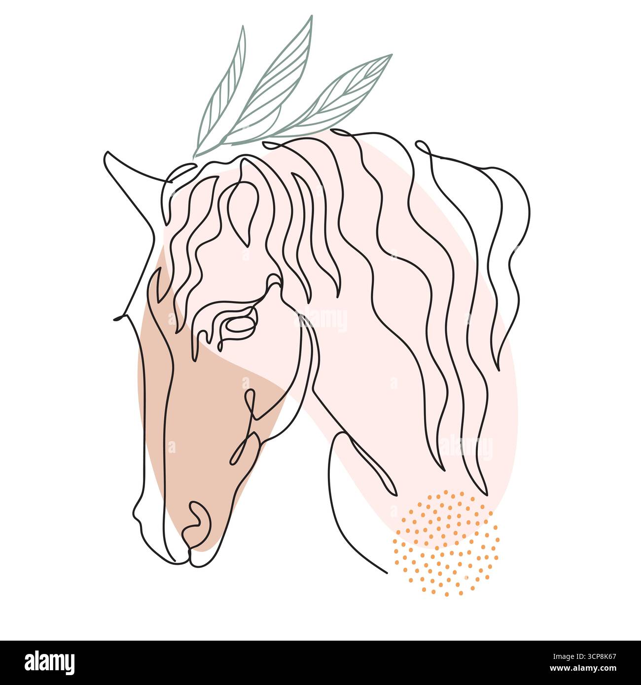 Ritratto astratto di cavalli moderno in uno stile grafico vettoriale continuo in morbide forme pastello e dettagli botanici. Per l'arte boho, equestri Illustrazione Vettoriale