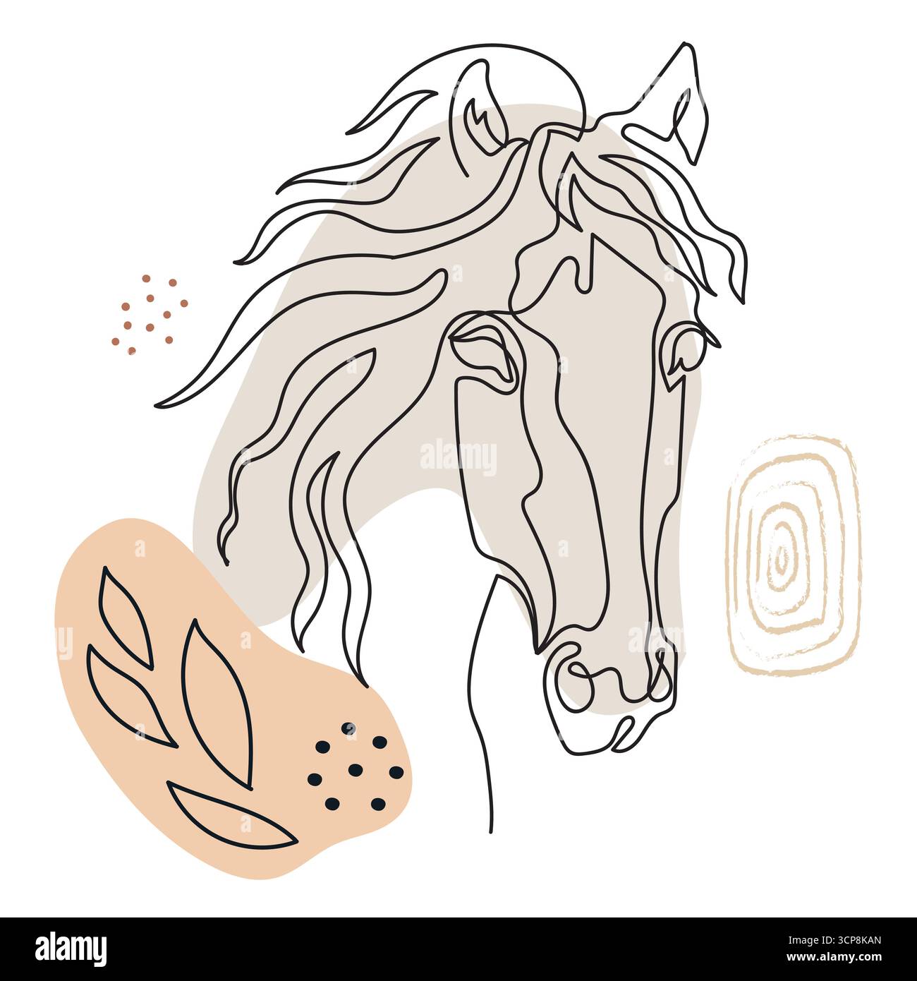 Moderna testa di cavallo astratta in stile grafico vettoriale singolo continuo in morbide forme pastello e dettagli botanici. Per arte boho, tema equestre Illustrazione Vettoriale