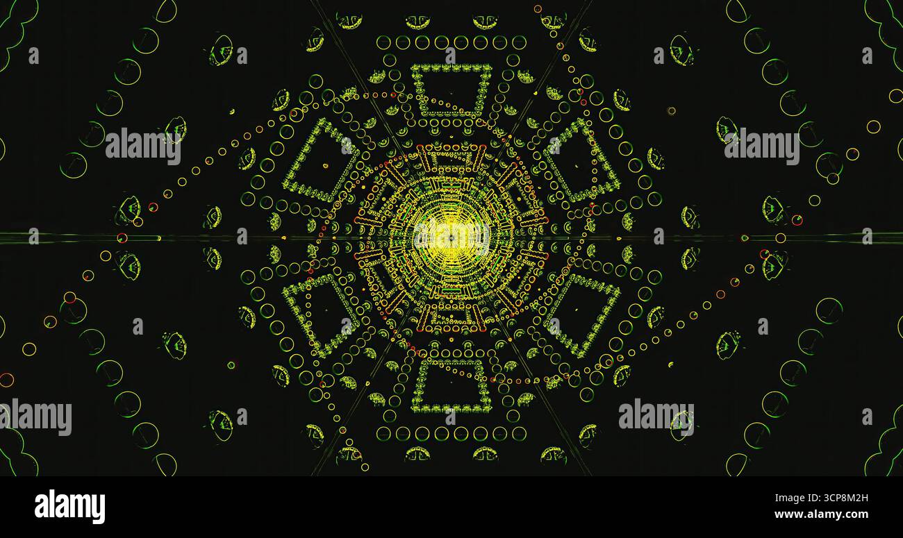 Fantasie intricate con sfumature gialle e verdi brillanti si mescolano in una disposizione circolare. Il design mostra forme e linee geometriche, creando un hypn Foto Stock