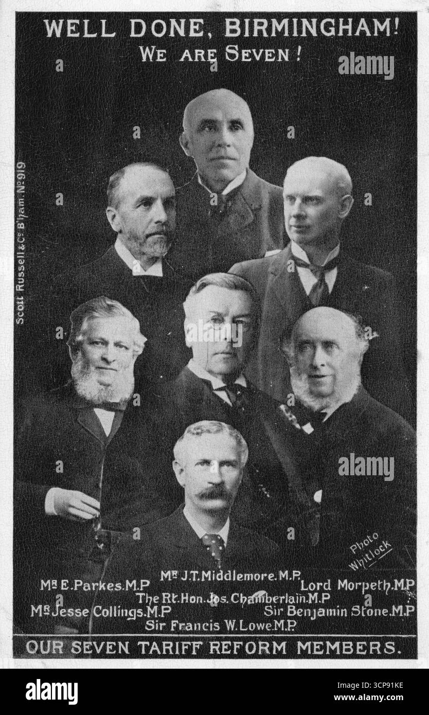 Ritratto di gruppo intitolato “ben fatto, Birmingham! “We Are Seven”, con sette membri del Parlamento di Birmingham che sostengono la riforma tariffaria. Nella foto sono raffigurati E. Parkes, J. T. Middlemore, Lord Morpeth, Jesse Collings, Joseph Chamberlain, Sir Benjamin Stone e Sir Francis W. Lowe. Cartolina politica britannica dei primi anni del XX secolo. Foto Stock