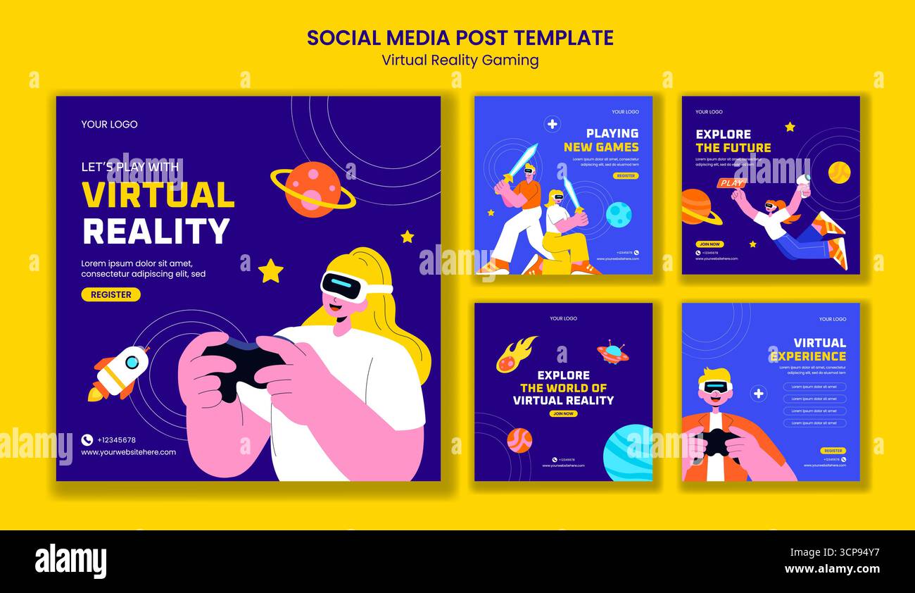 Illustrazione creativa dei modelli di fumetti per videogame in realtà virtuale sfondo per il post sui social media Illustrazione Vettoriale