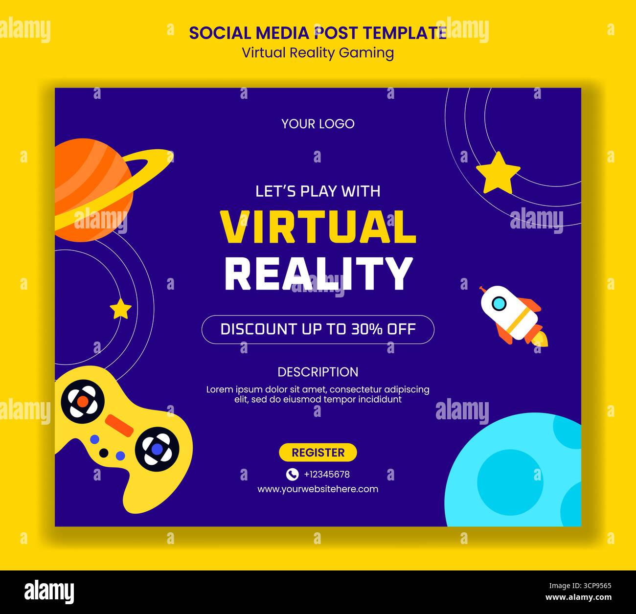 Illustrazione del gioco in realtà virtuale per post sui social media con modelli di fumetto Illustrazione Vettoriale