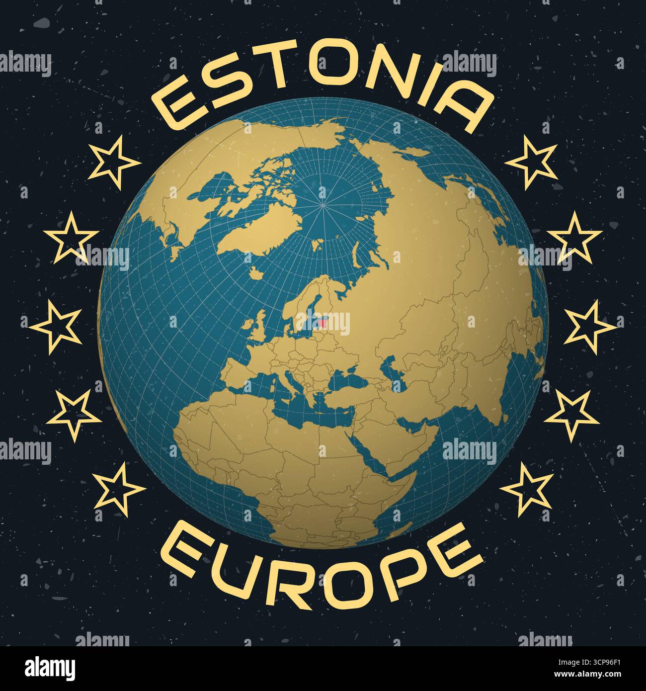 Repubblica di Estonia su Globe. Nome del paese testo rotondo. Look vintage con texture graffiata graffiata. Illustrazione Vettoriale