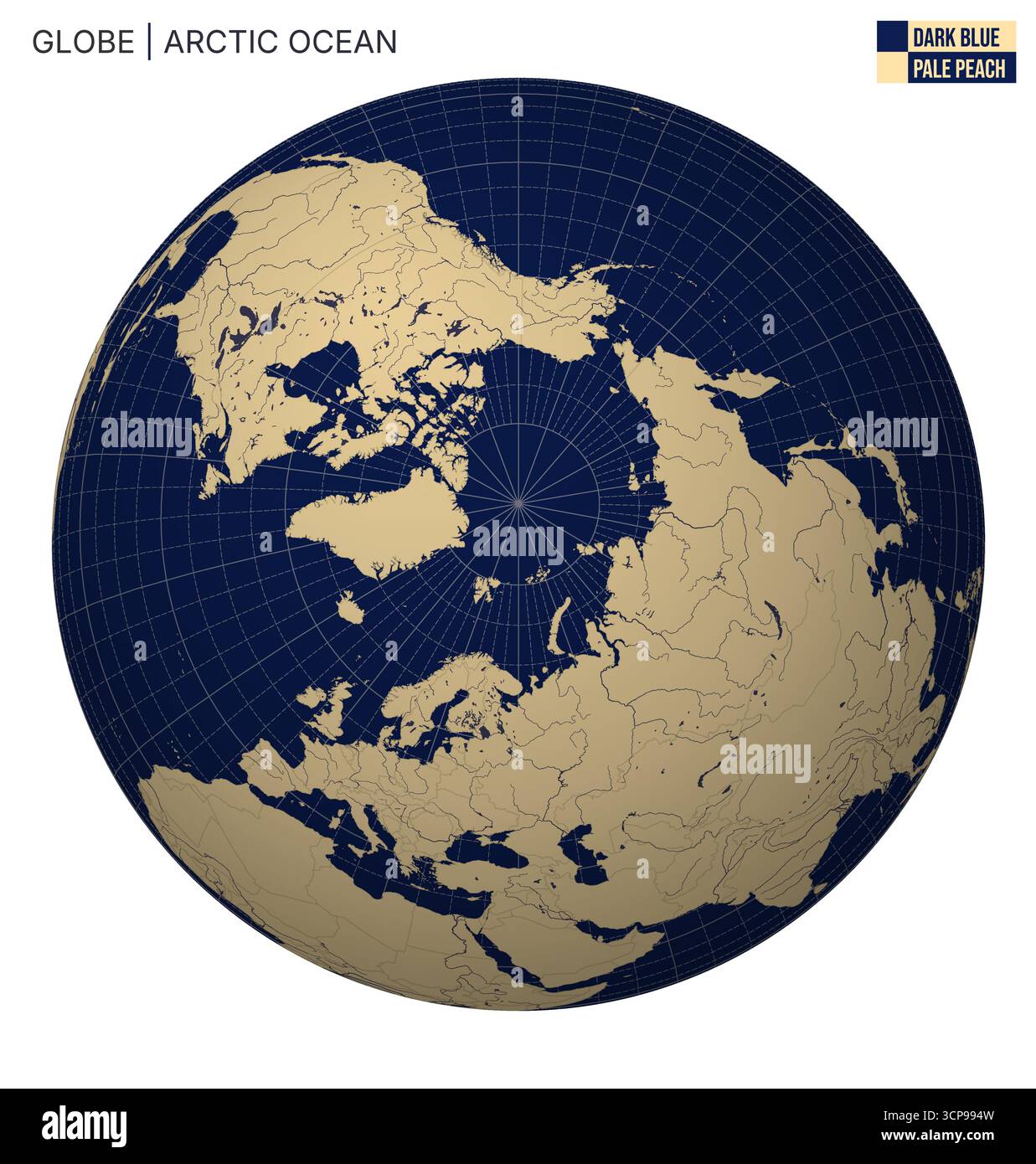 Globo vettoriale centrato sull'Oceano Artico. Tavolozza Blue pale Peach scuro. Mappa del mondo con meridiani, paralleli, paesi, fiumi e laghi. Illustrazione Vettoriale