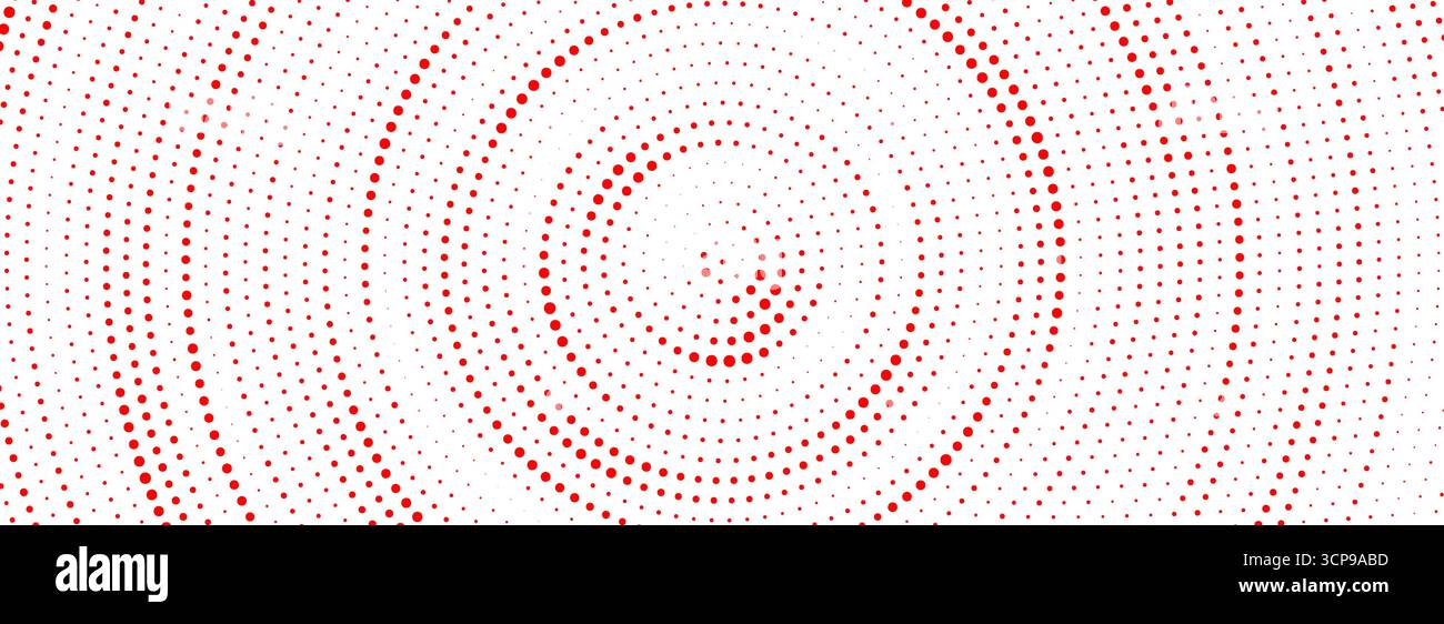Sfondo concentrico con mezzitoni rossi. Texture sfumata radiale tratteggiata. Tappezzeria a onde soniche ondulate rosse. Sfondo del cerchio ruvido rasterizzato vettoriale per epicentro, target, segnale radar, vibrazione, post-shock Illustrazione Vettoriale