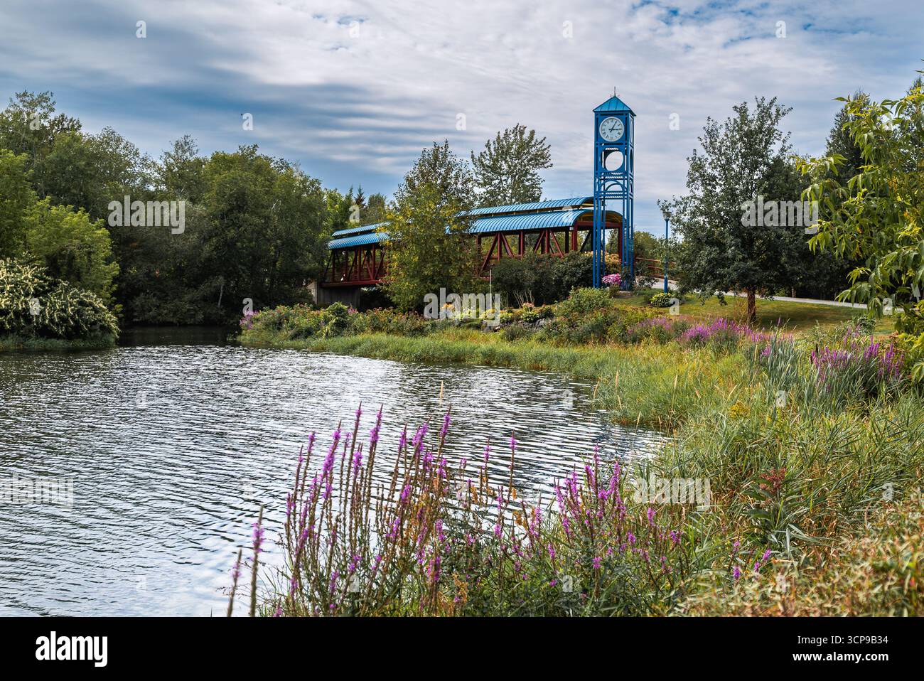 Ponte coperto colorato e torre dell'orologio blu a Île Pozer a Saint-Georges, Quebec, con fiume e fiori selvatici estivi in fiore Foto Stock