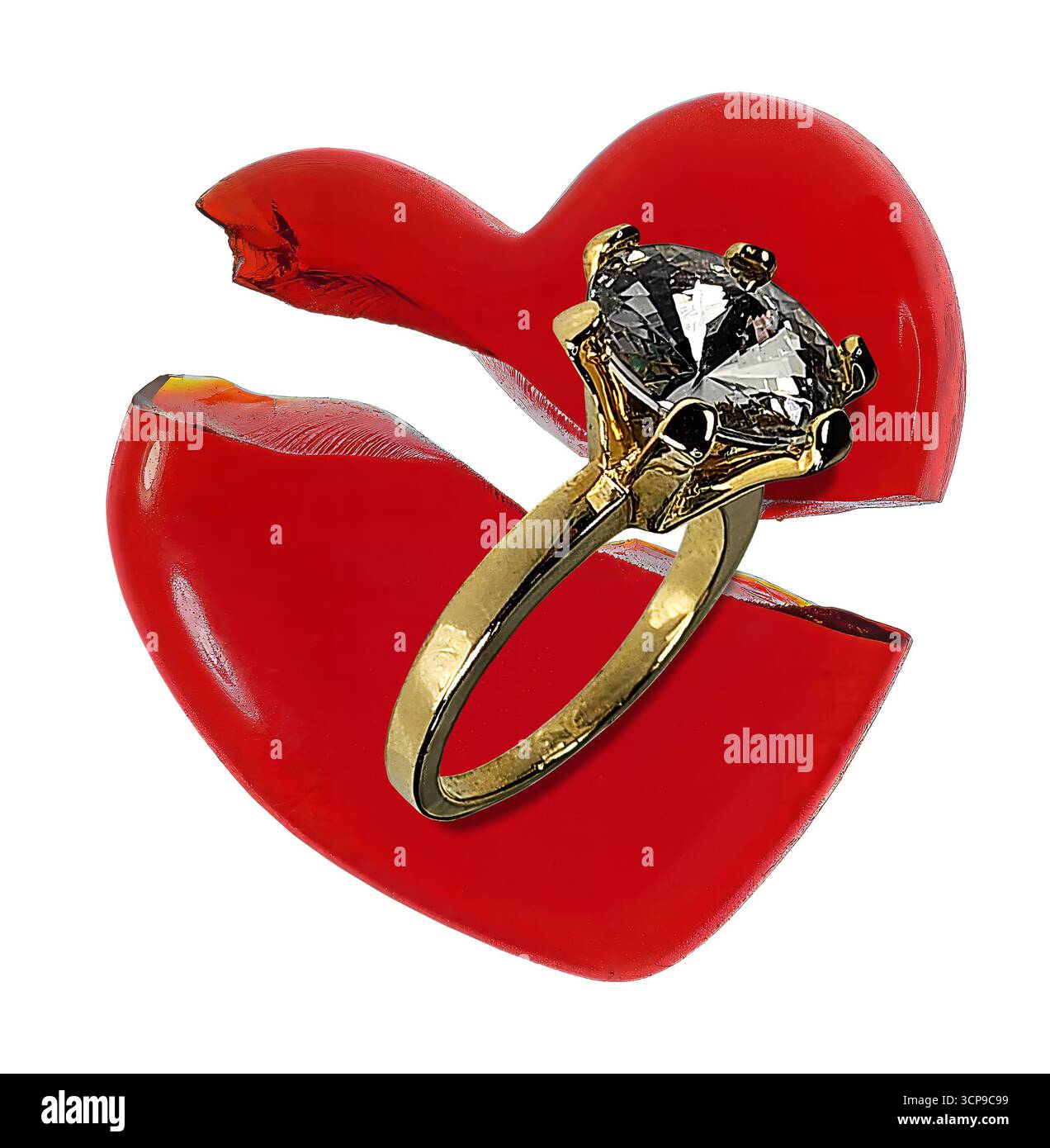 Ottenere il divorzio dopo un matrimonio mostrato da un cuore di vetro rosso rotto con un anello di fidanzamento Foto Stock